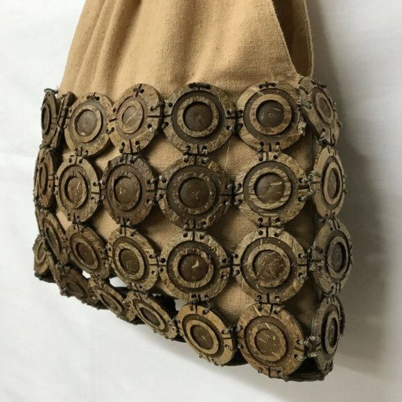 Boho Linen Fabric Handbag Purse with Wood Handles  Coconut Shell Bead Design - Picture 2 of 6